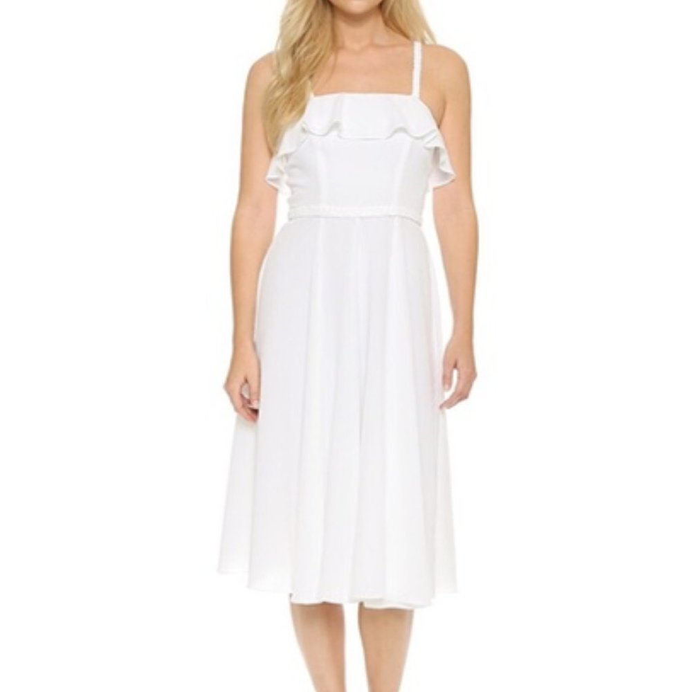 SHOSHANNA SAM TEXTURED CREPE RUFFLE MIDI DRESS